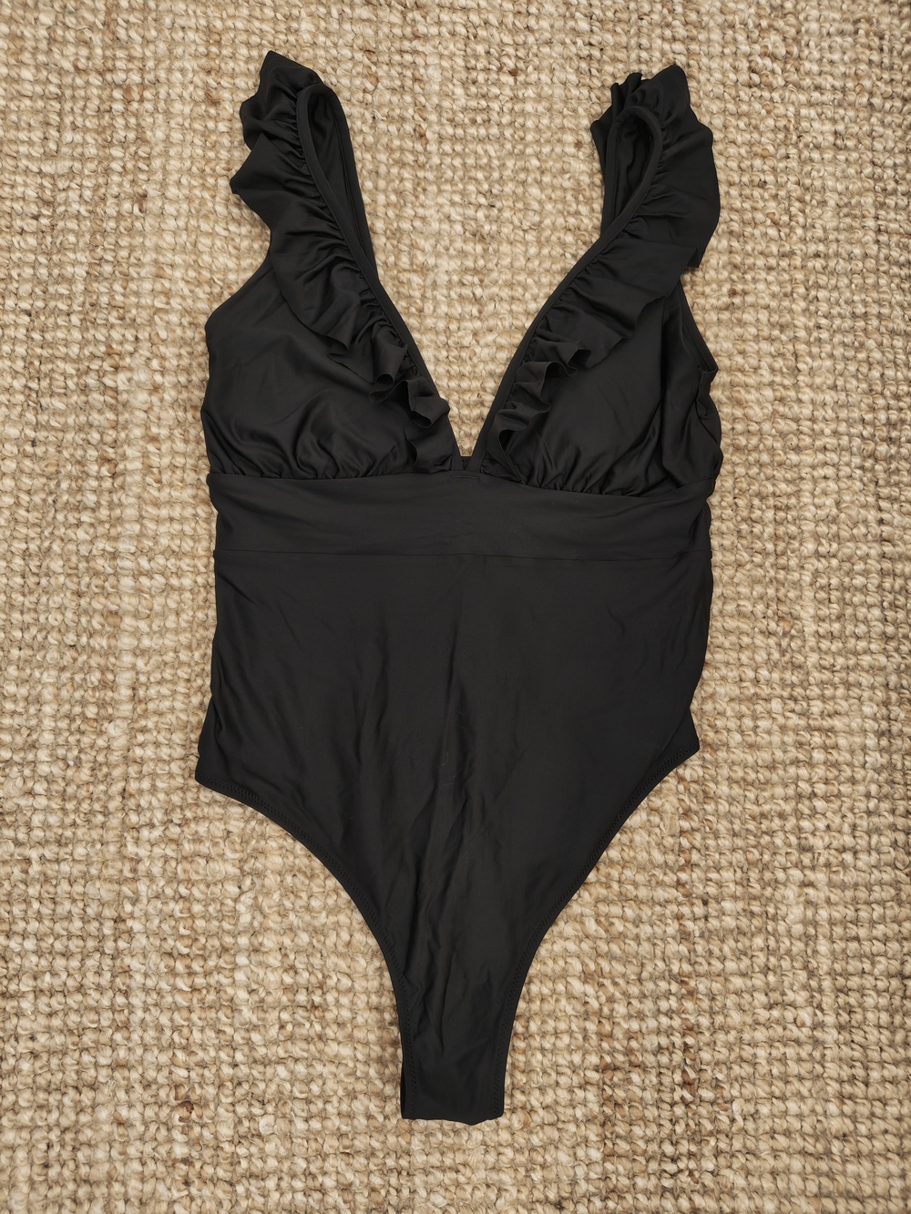 H&M Black Ruffle V-Neck One-Piece Swimsuit